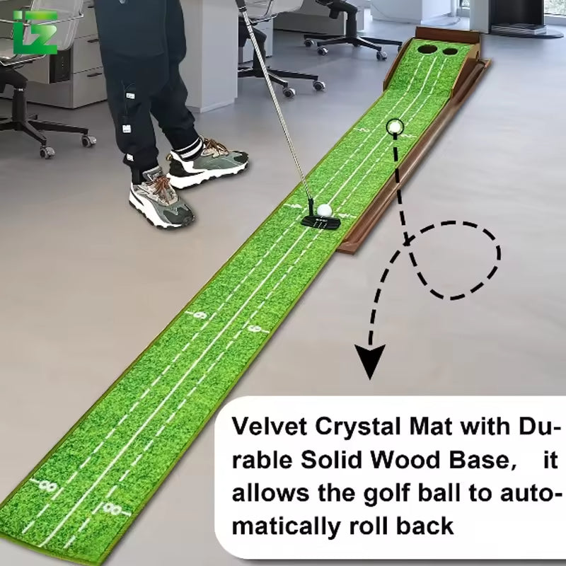 Wooden Golf Putting Mat with Auto Ball Return – Indoor Practice Mat, Velvet Surface