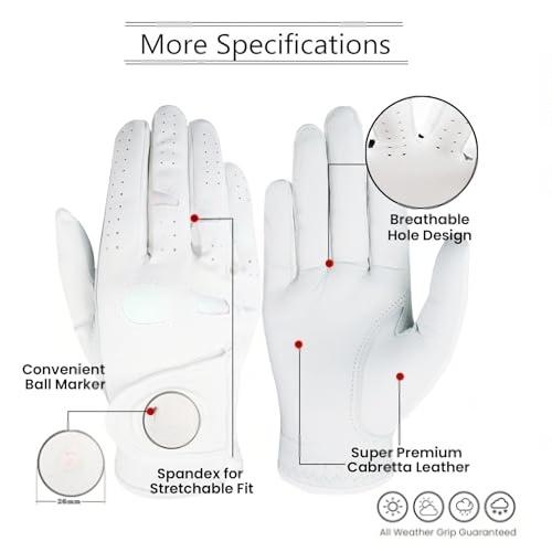 FINGER Women’s Leather Golf Glove (1 Pack) - With Ball Marker, Extra Grip, Left/Right Hand Options (S/M/L)