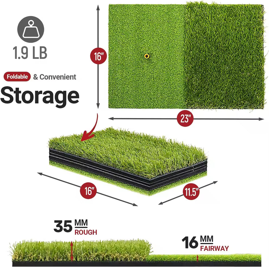 Foldable Heavy-Duty Golf Hitting Mat, Practice Mat with 10mm EVA Rubber Backing, Swing Chipping Dual-Turf Practice Mat