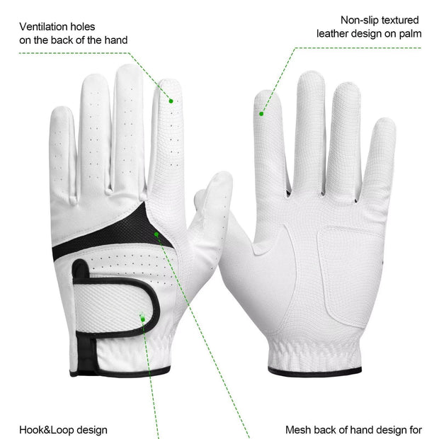 Men & Women’s Golf Glove - Premium Cabretta Leather (Soft Touch), Breathable Mesh, Non-Slip Palm Lift Grip