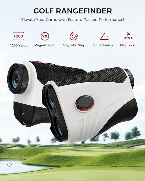 Golf Laser Rangefinder (1200 Yards, Pearl White) - Slope Function, 7X Magnification, IP54 Waterproof, Magnetic Strip & Rechargeable Battery, Pin Lock
