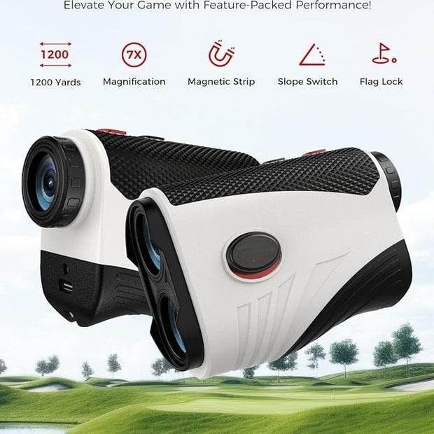 Golf Laser Rangefinder (1200 Yards, Pearl White) - Slope Function, 7X Magnification, IP54 Waterproof, Magnetic Strip & Rechargeable Battery, Pin Lock