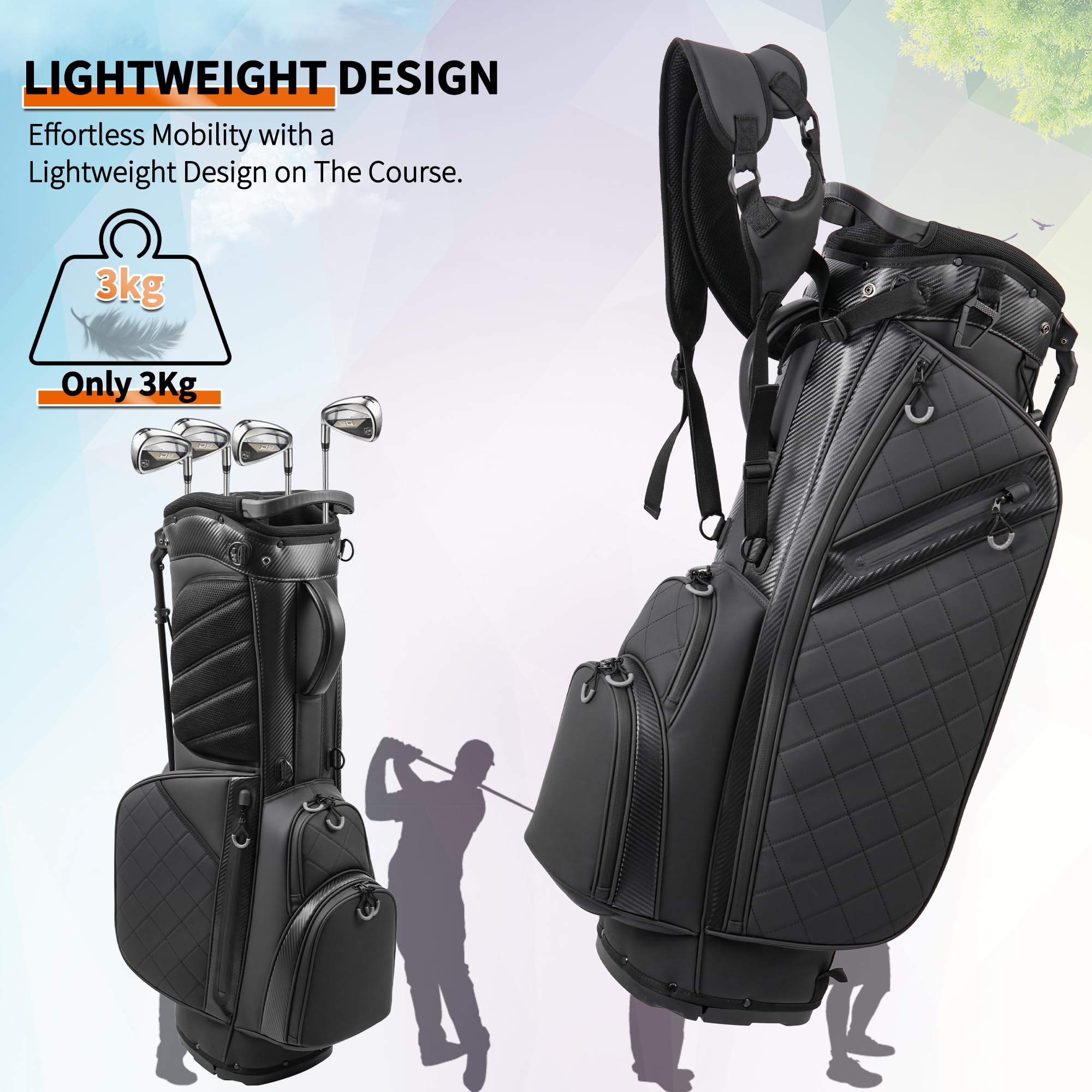 14-Way Full-Length Divider Golf Stand Bag | Men's PU Leather Luxury Waterproof Golf Bag