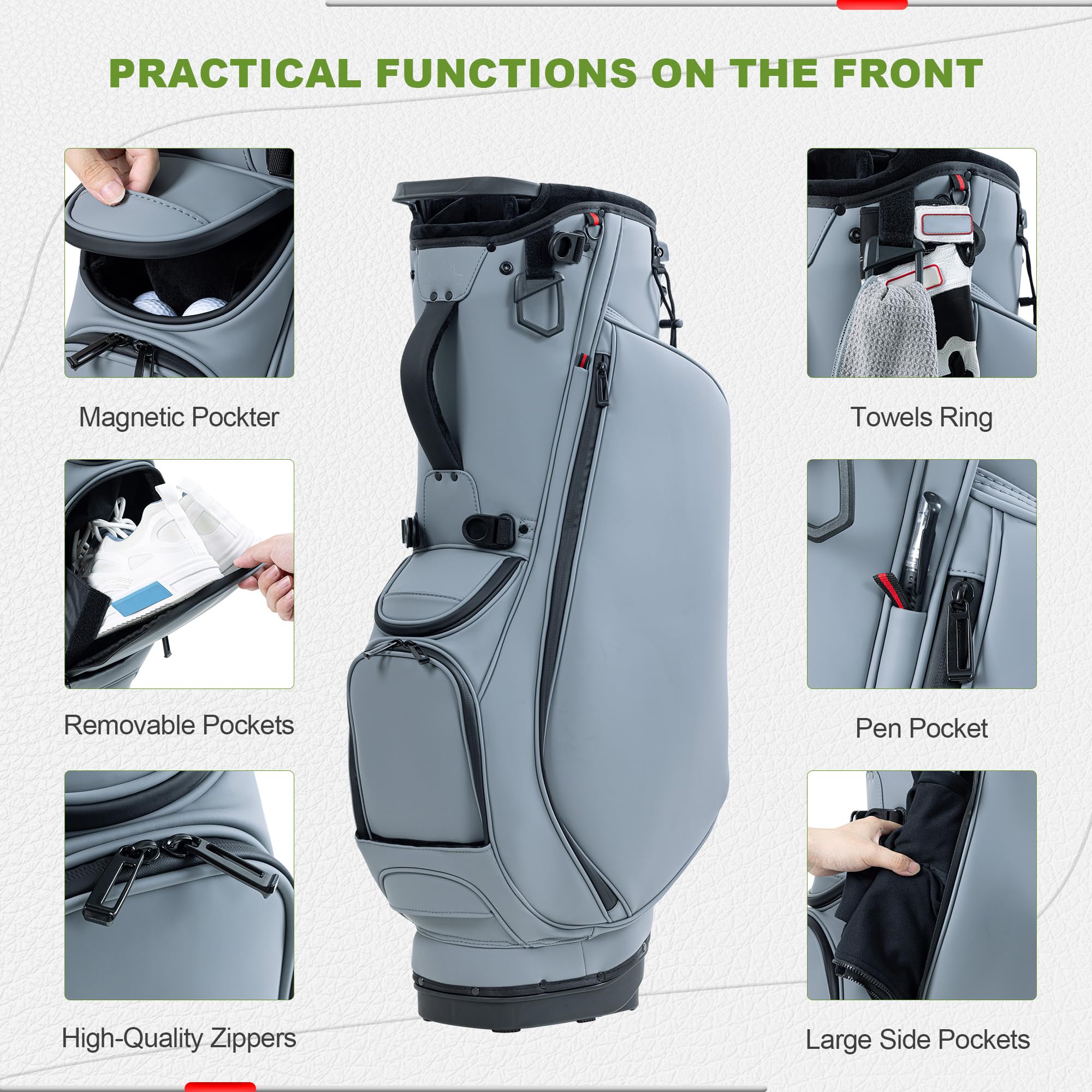 Unisex 14-Way Golf Stand Bag - Lightweight Leather Design, Full-Length Dividers + Multiple Pockets