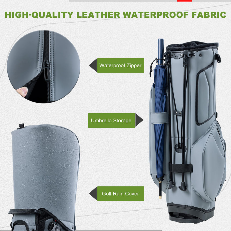 Unisex 14-Way Golf Stand Bag - Lightweight Leather Design, Full-Length Dividers + Multiple Pockets