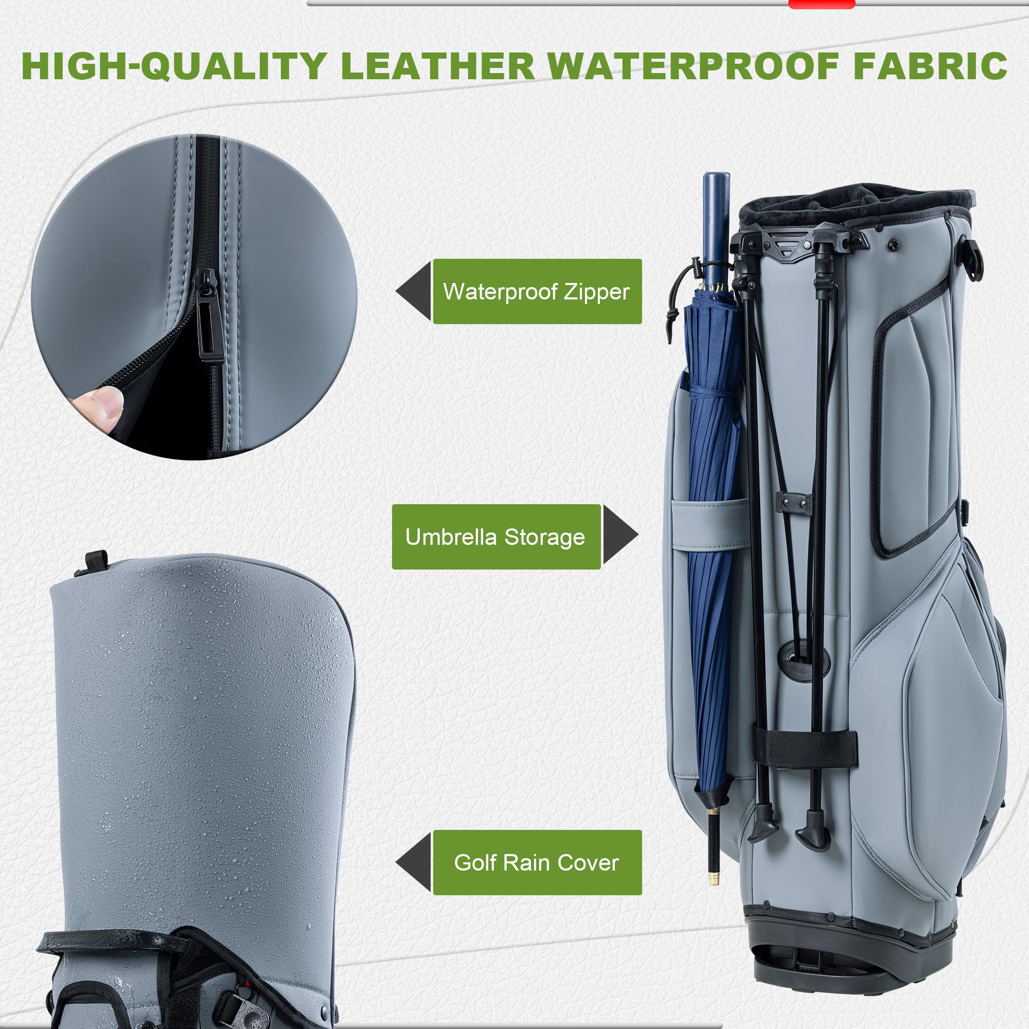 Unisex 14-Way Golf Stand Bag - Lightweight Leather Design, Full-Length Dividers + Multiple Pockets