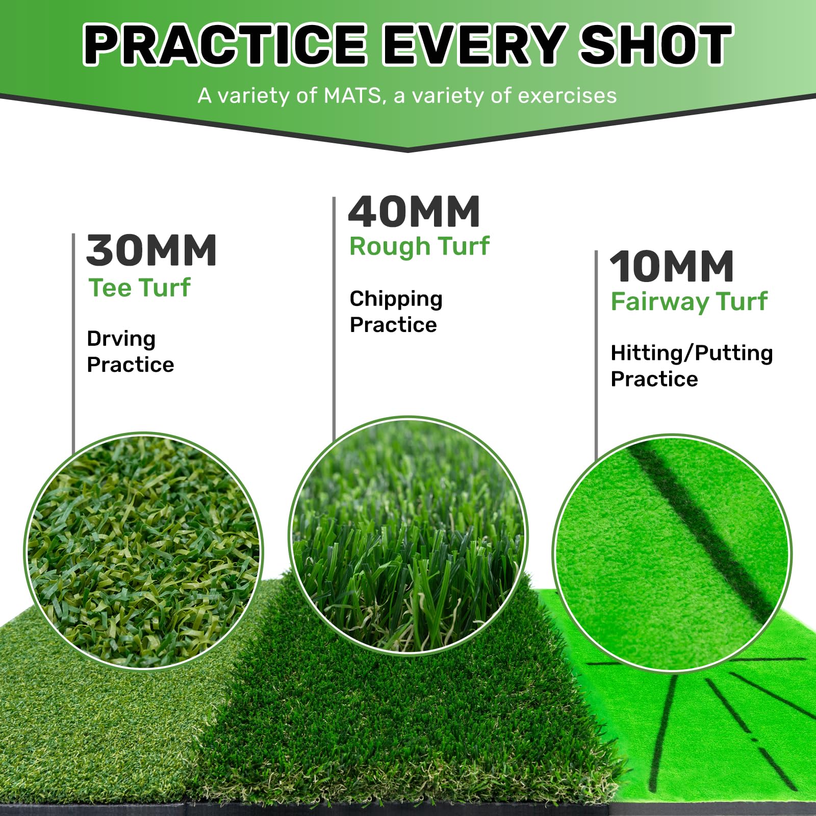 3 Replaceable Golf Training Mats with No-Slip Heavy Duty Rubber Base, Golf Hitting Mats and Golf Practice Mat with Instant Swing Path Feedback