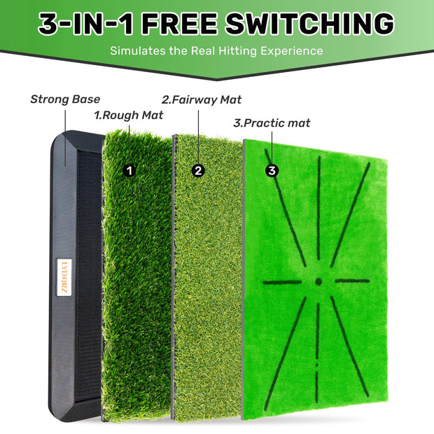 3 Replaceable Golf Training Mats with No-Slip Heavy Duty Rubber Base, Golf Hitting Mats and Golf Practice Mat with Instant Swing Path Feedback