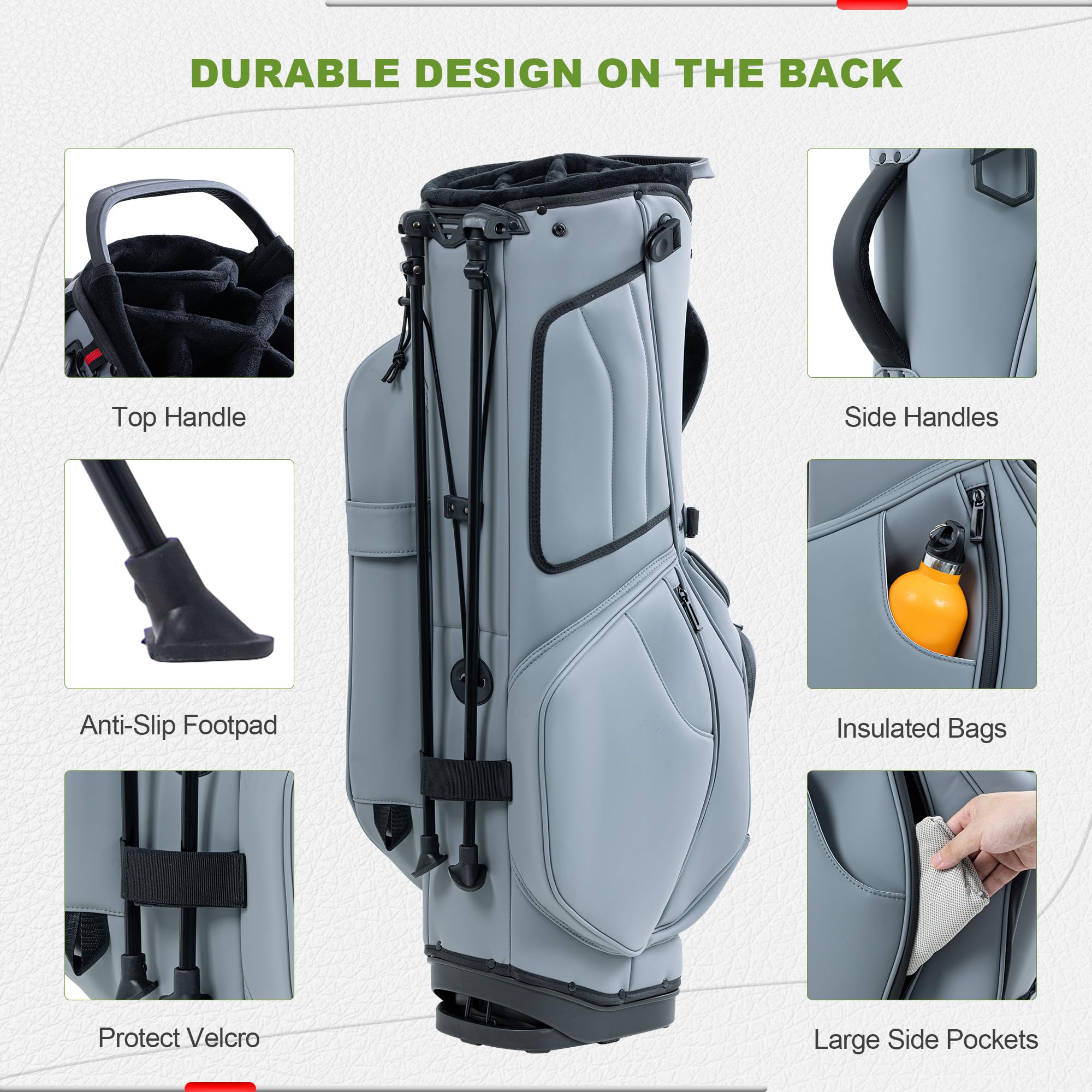 Unisex 14-Way Golf Stand Bag - Lightweight Leather Design, Full-Length Dividers + Multiple Pockets
