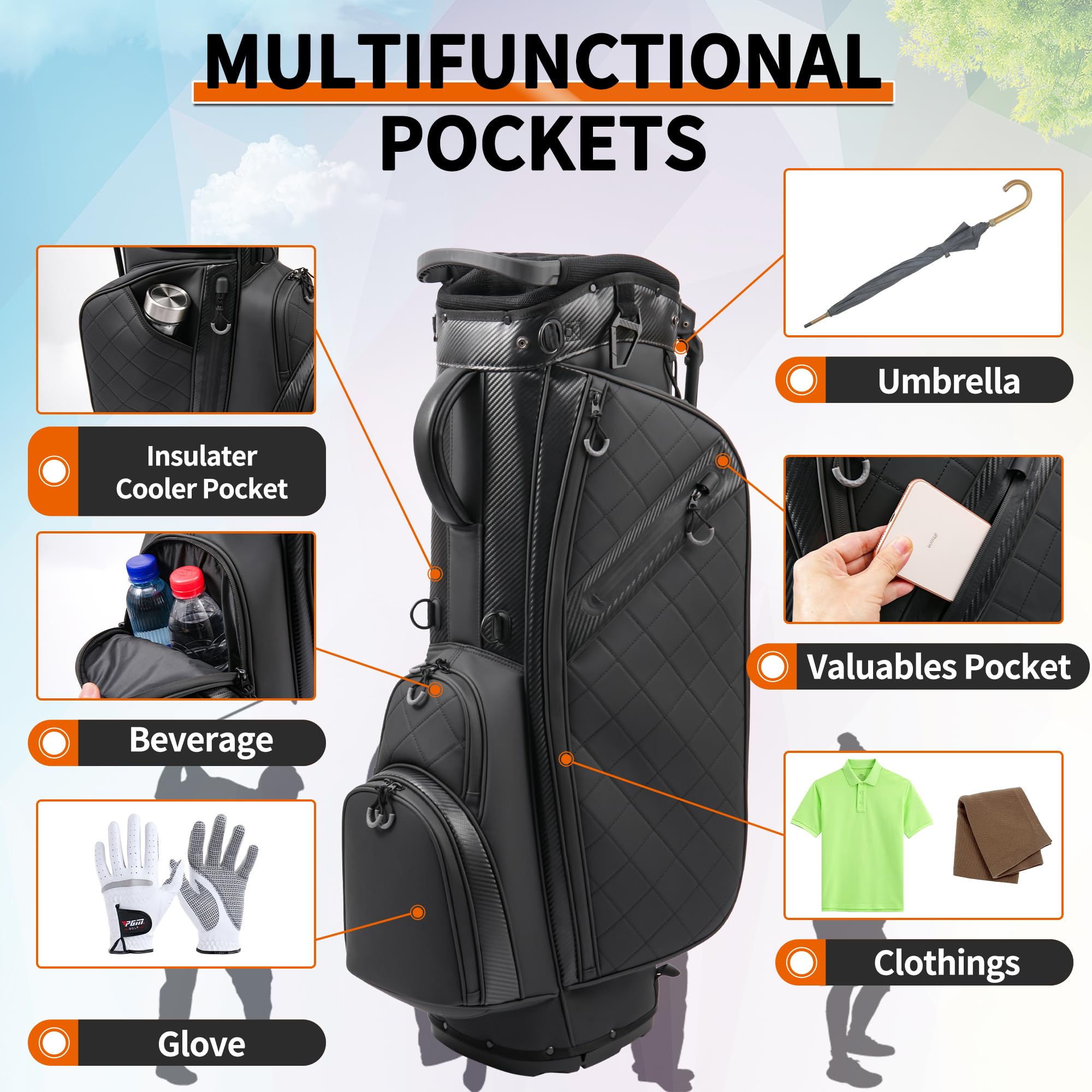 14-Way Full-Length Divider Golf Stand Bag | Men's PU Leather Luxury Waterproof Golf Bag