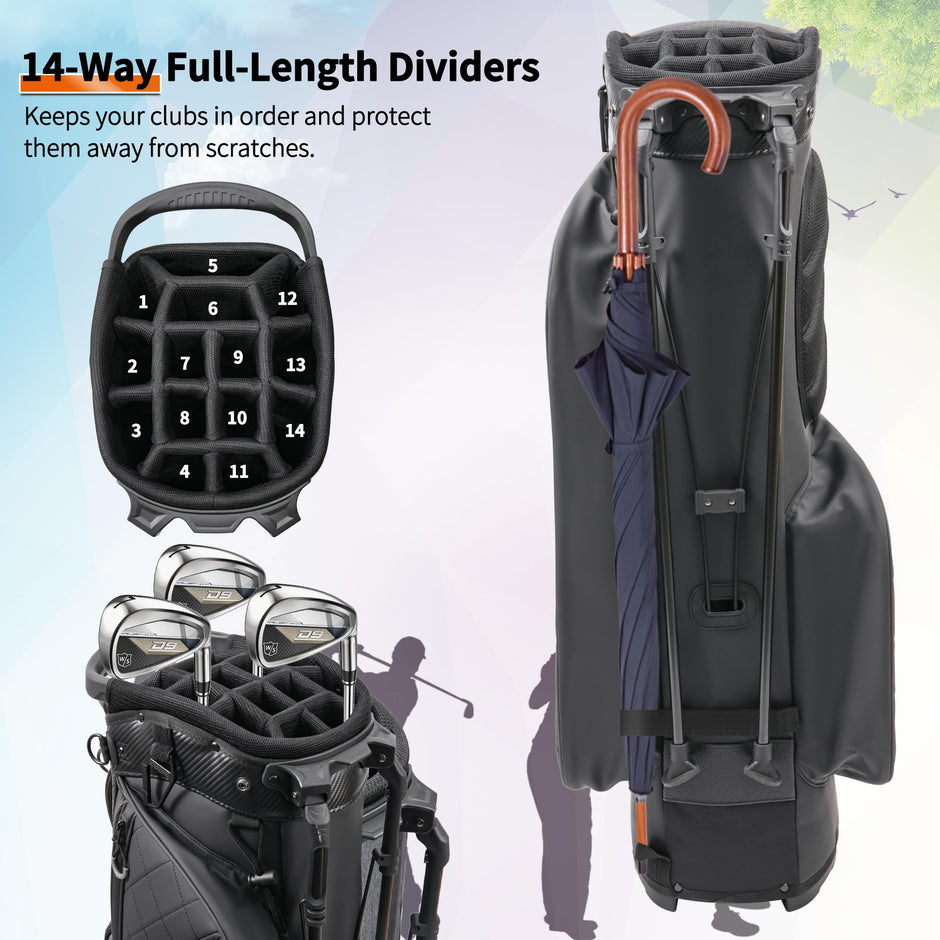 14-Way Full-Length Divider Golf Stand Bag | Men's PU Leather Luxury Waterproof Golf Bag
