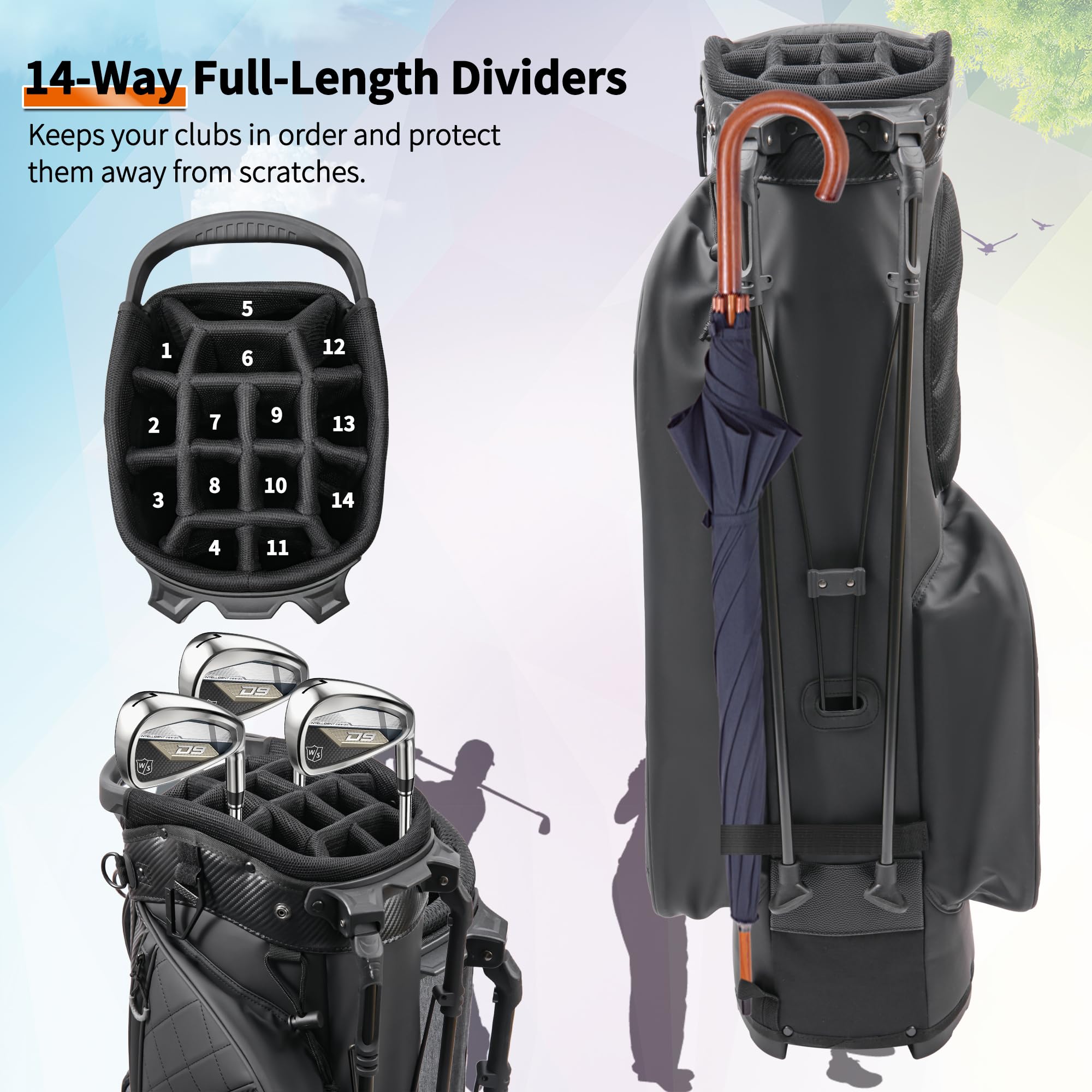 14-Way Full-Length Divider Golf Stand Bag | Men's PU Leather Luxury Waterproof Golf Bag