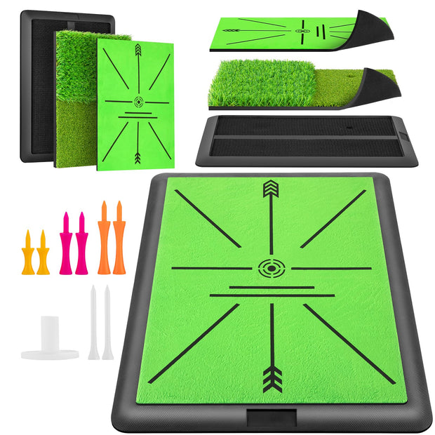 Golf Hitting Mat Outdoor Indoor for Swing Path Feedback Detection Batting, Artificial Dual Turf Golf Mat with Tees for Training, Driving, Chipping