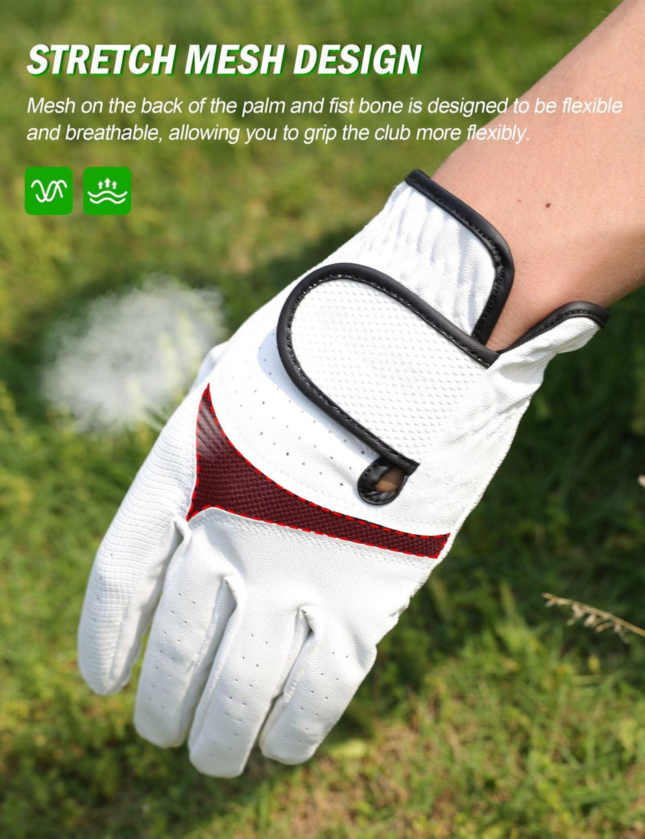 Men & Women’s Golf Glove - Premium Cabretta Leather (Soft Touch), Breathable Mesh, Non-Slip Palm Lift Grip