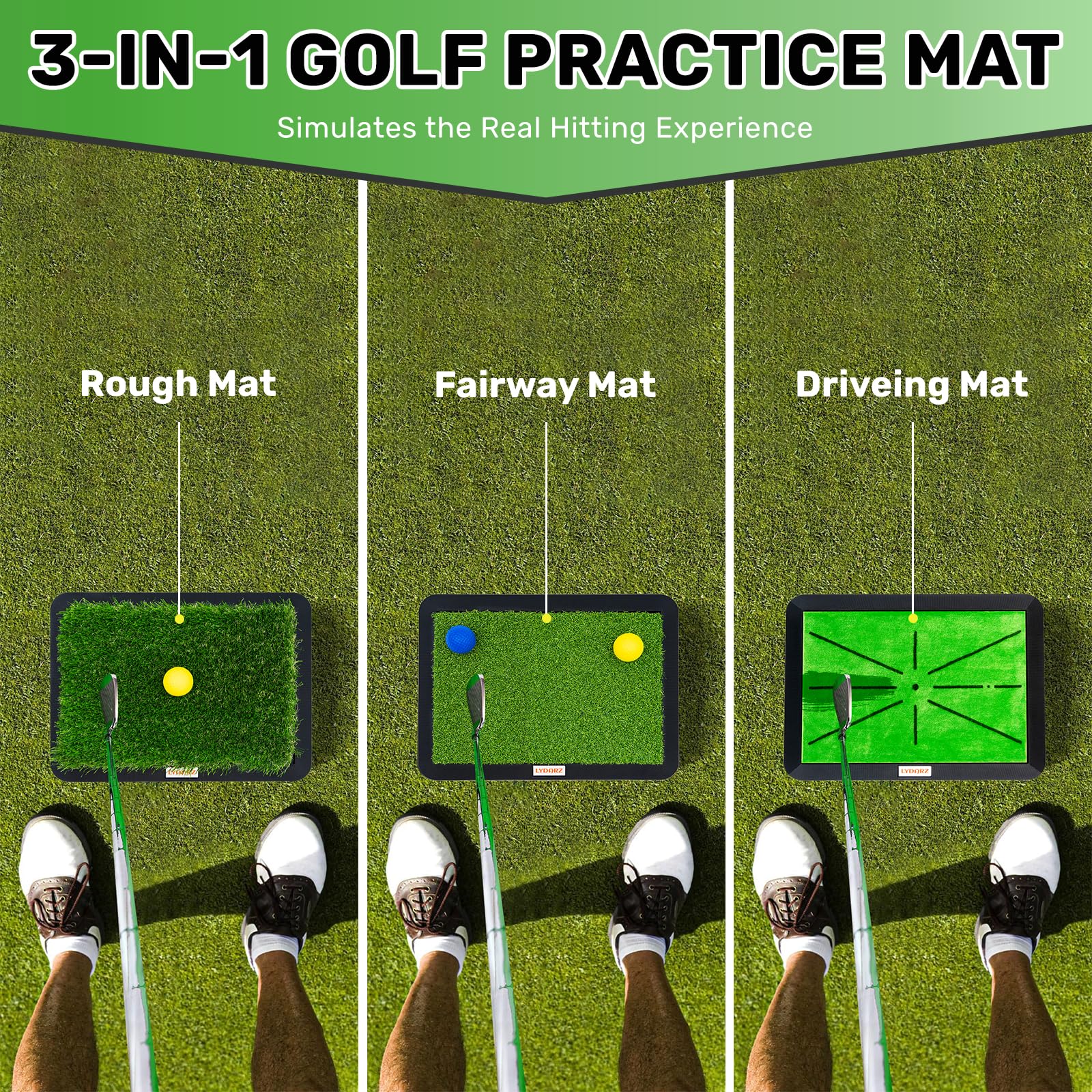 3 Replaceable Golf Training Mats with No-Slip Heavy Duty Rubber Base, Golf Hitting Mats and Golf Practice Mat with Instant Swing Path Feedback