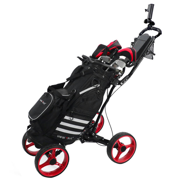 4-Wheel Golf Bag Cart for Golf Courses - Aluminum Alloy Material + Foldable, Space-Saving Golf Hand Cart for Storage