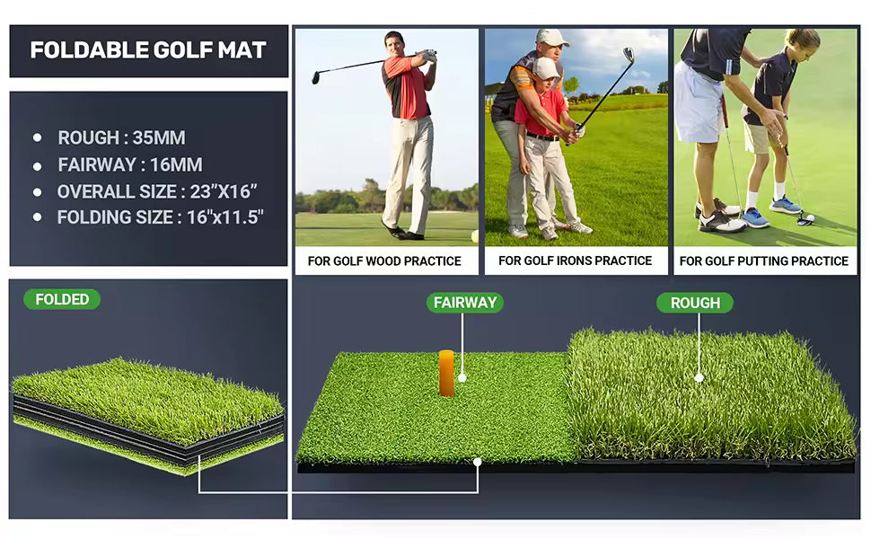 Foldable Heavy-Duty Golf Hitting Mat, Practice Mat with 10mm EVA Rubber Backing, Swing Chipping Dual-Turf Practice Mat
