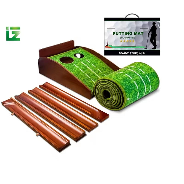 Wooden Golf Putting Mat with Auto Ball Return – Indoor Practice Mat, Velvet Surface