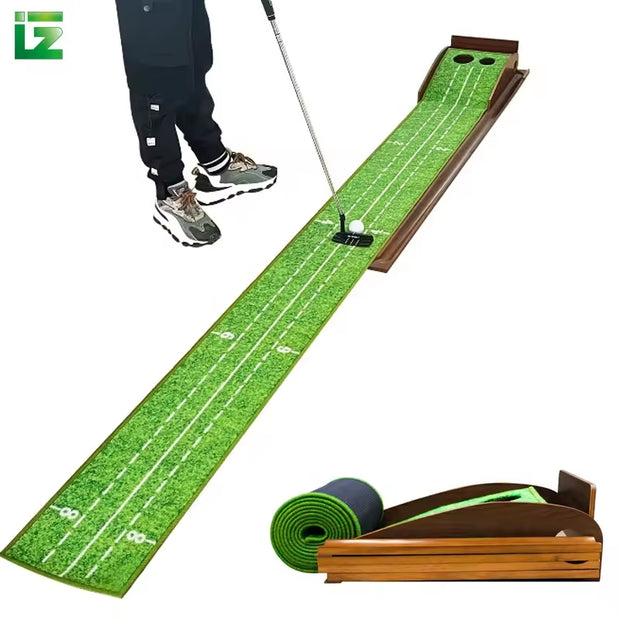 Wooden Golf Putting Mat with Auto Ball Return – Indoor Practice Mat, Velvet Surface